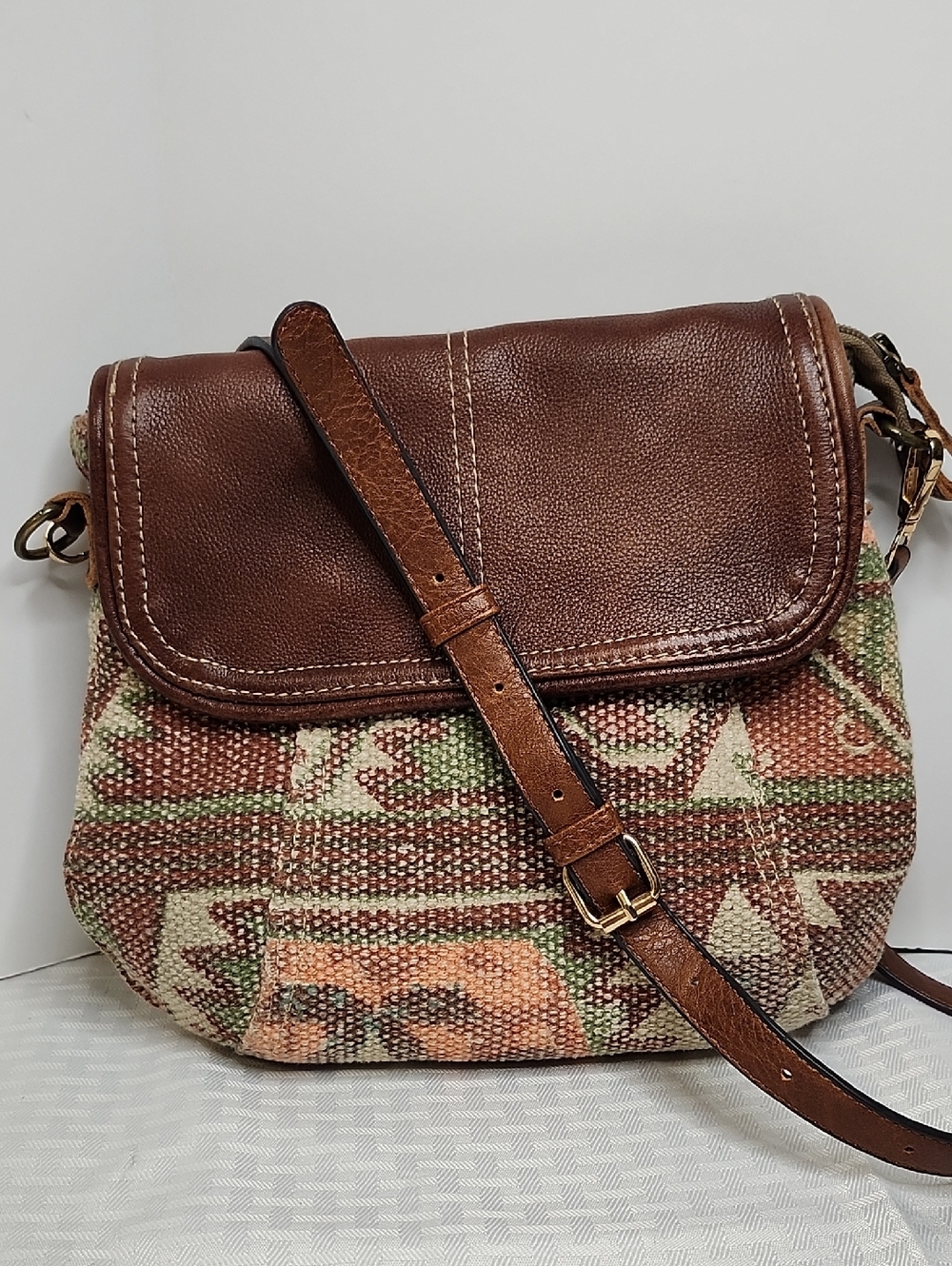 Myra Crossbody Leather & Canvas Woven Aztec Print